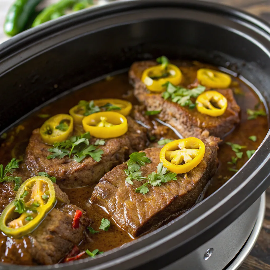 Close-up of slow cooker Mississippi ribeye steaks with pepperoncini and fresh parsley in the cooking broth.