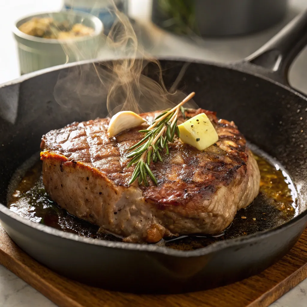 "A close-up shot of a ribeye steak searing in a cast-iron skillet with butter, garlic, and rosemary, releasing steam."