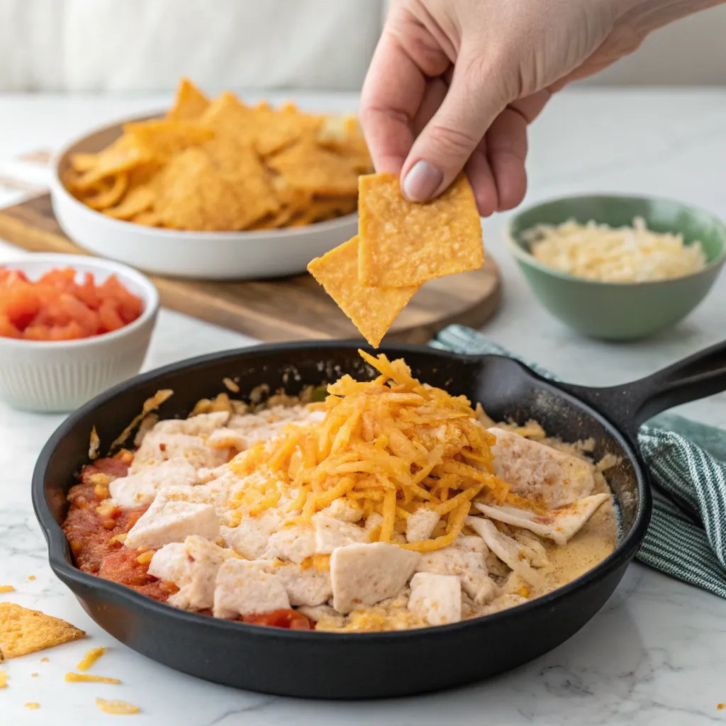 A close-up of the layering process for a Dorito Chicken Skillet, with a hand sprinkling crushed nacho cheese Doritos over shredded chicken, cheese, and creamy sauce in a black cast-iron skillet.