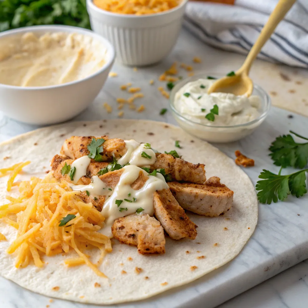 A tortilla topped with garlic-seasoned chicken, shredded cheddar cheese, and creamy garlic sauce, surrounded by fresh ingredients.