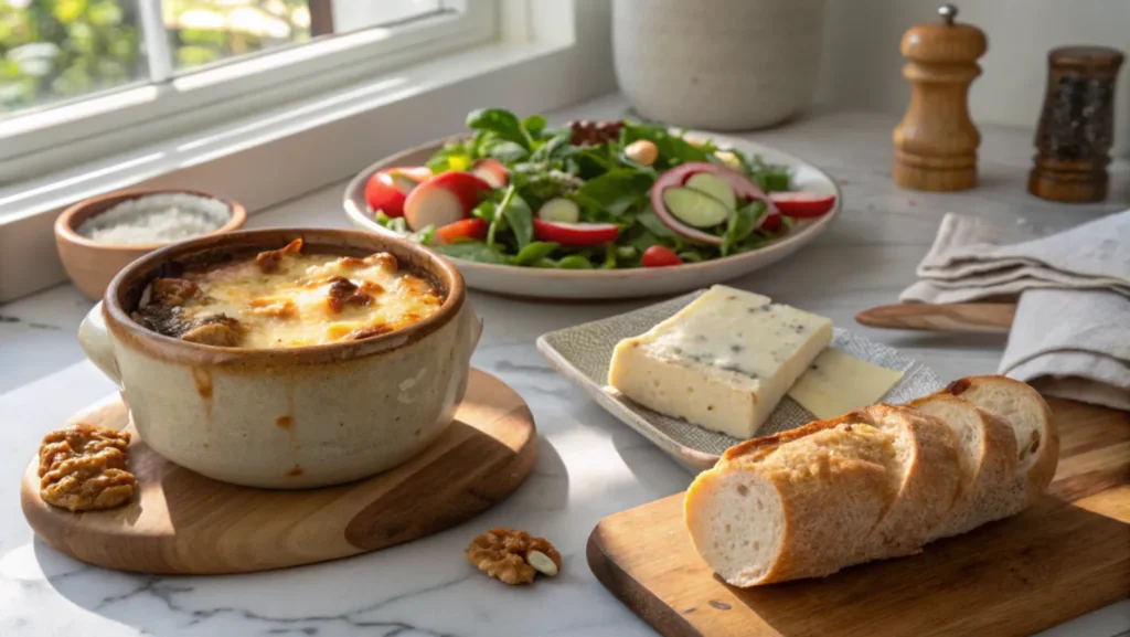 A rustic bowl of French onion soup topped with melted cheese, served with a fresh salad, bread, and cheese on a marble countertop.