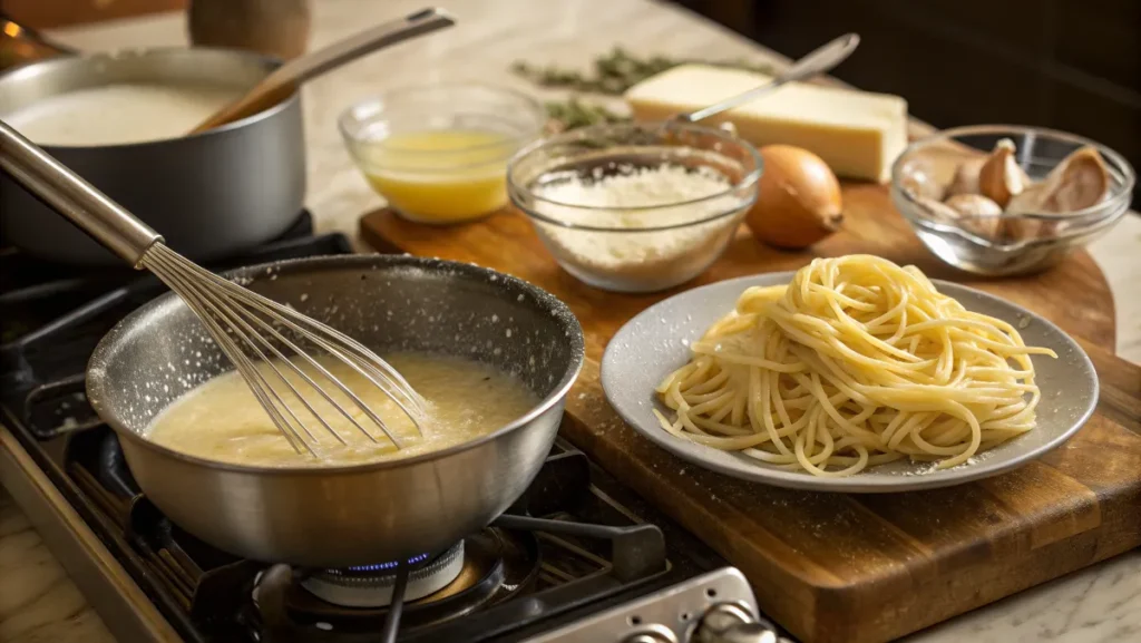 A stovetop view of Parmesan Garlic Noodles being prepared, with creamy sauce in a pan, cooked pasta, and fresh ingredients nearby.