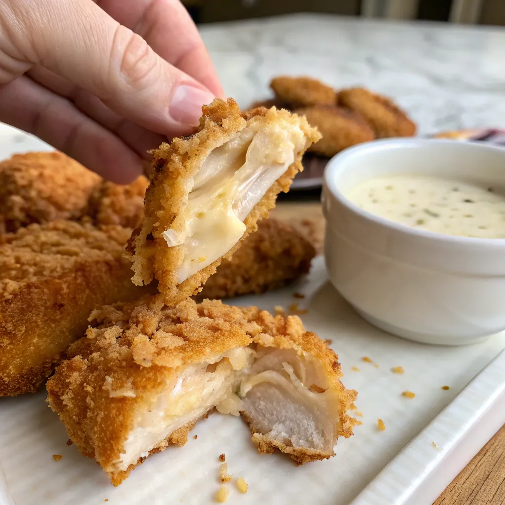 Close-up of golden Crack Chicken Tenders with a crispy coating, served with a creamy dipping sauce on a white plate.