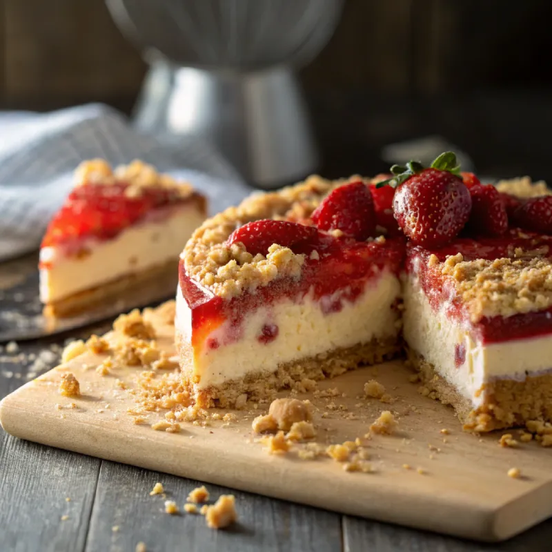 A whole Berrylicious Strawberry Crunch Cheesecake on a wooden board, with a slice removed to show layers of creamy cheesecake, strawberry filling, and golden crumb topping, garnished with fresh strawberries.