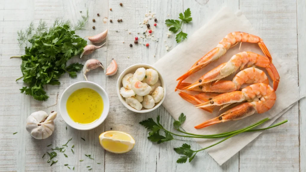 A flat lay of fresh ingredients for crab and shrimp seafood, including raw shrimp, garlic cloves, olive oil, fresh parsley, and lemon.