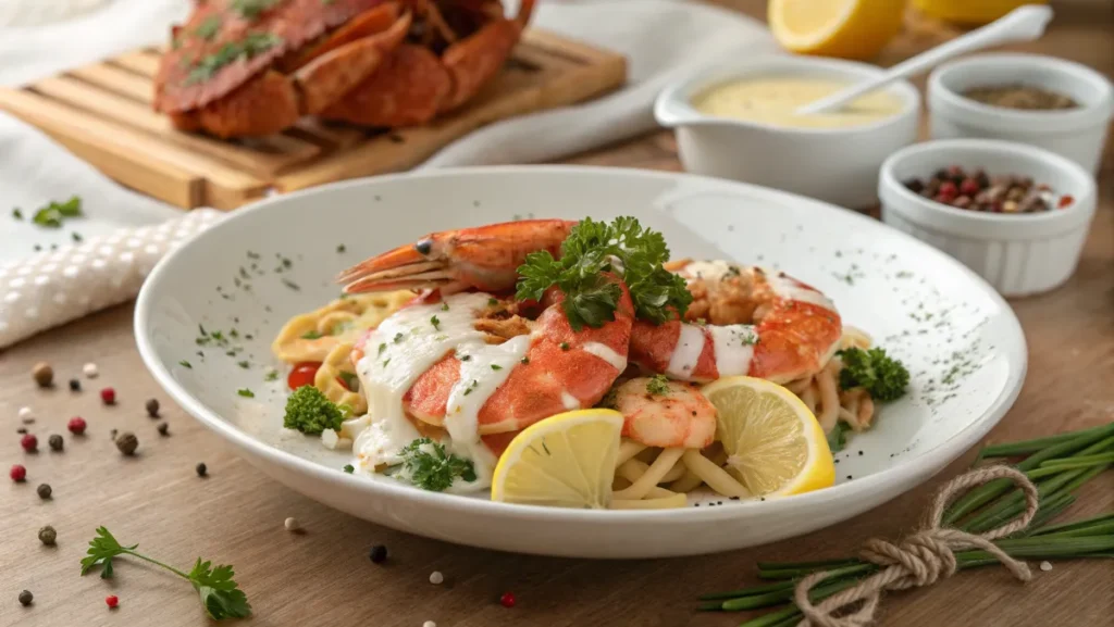 A beautifully plated crab and shrimp pasta dish served with creamy sauce, garnished with parsley and lemon wedges.