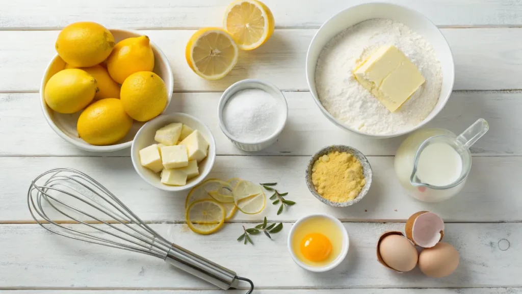 A flat lay of ingredients for Southern Lemon Pound Cake, including lemons, butter, flour, sugar, eggs, and milk.