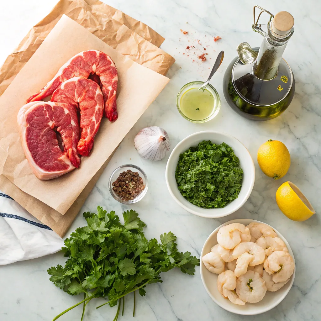 "A flat-lay shot of fresh ingredients for steak and shrimp with chimichurri sauce, including raw steaks, shrimp, parsley, cilantro, garlic, lemons, olive oil, and seasoning."