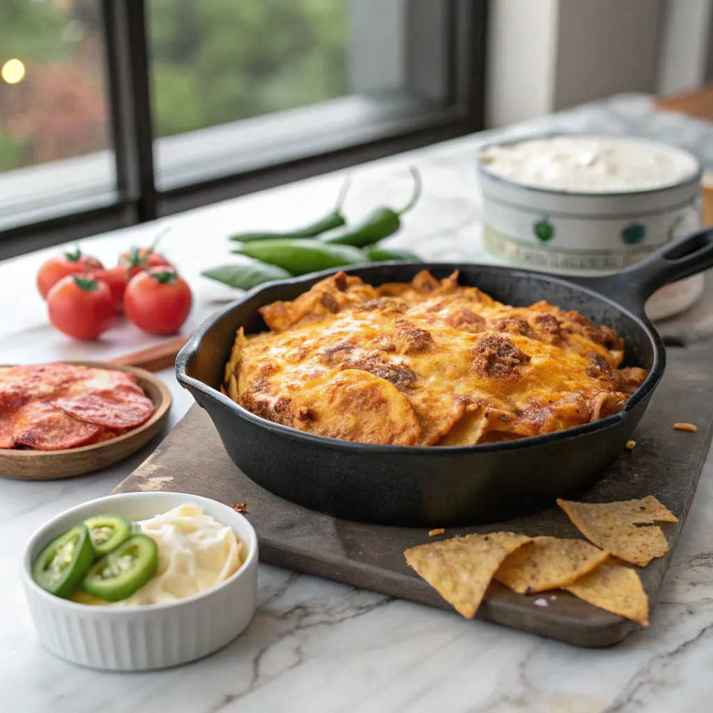 A freshly baked Dorito Chicken Skillet served in a black cast-iron pan with melted cheese, surrounded by fresh ingredients like tomatoes, jalapeños, and sour cream on a marble countertop.