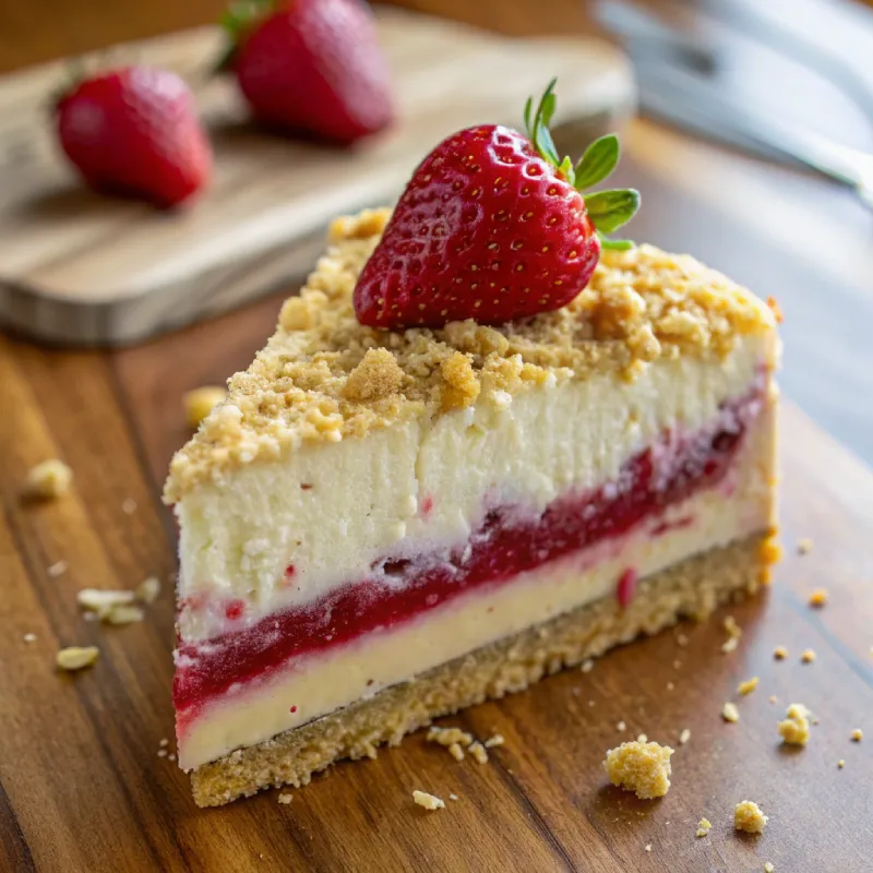 A close-up photo of a slice of Berrylicious Strawberry Crunch Cheesecake showing distinct layers of creamy cheesecake, vibrant strawberry filling, and golden crumb topping, garnished with a fresh strawberry on a wooden surface.