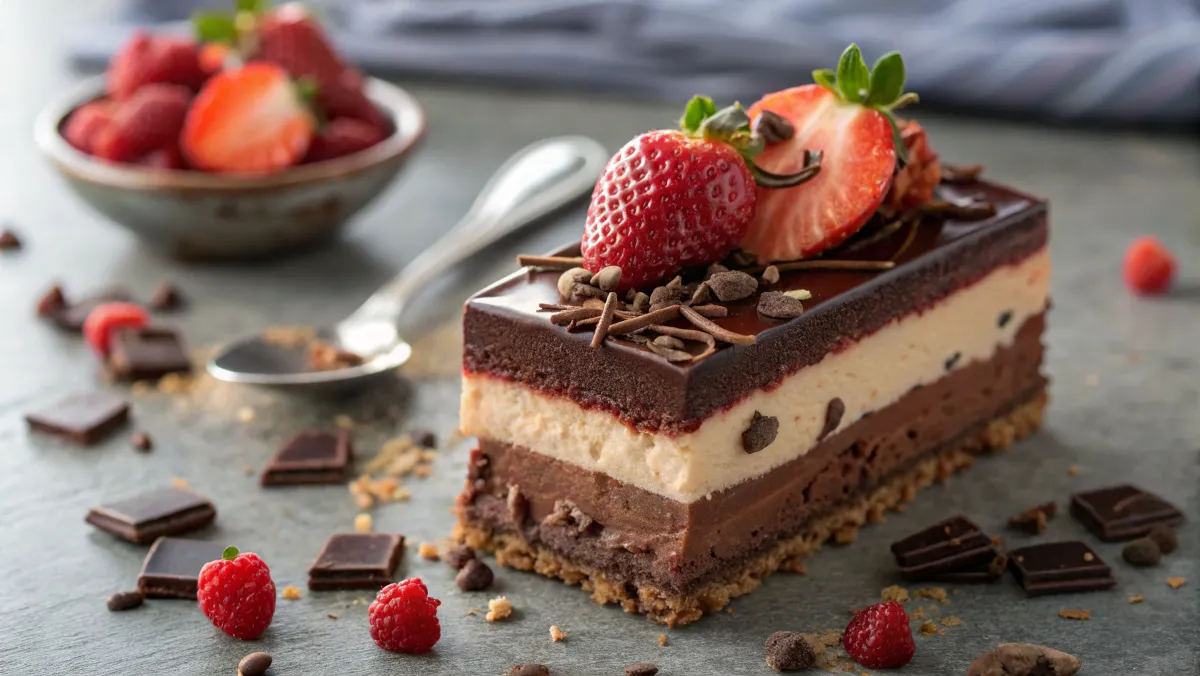 A decadent slice of Layered Chocolate Delight topped with fresh strawberries, chocolate shavings, and surrounded by scattered raspberries and chocolate pieces on a slate surface.