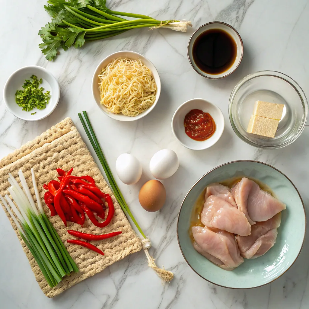 A flat lay of ingredients for Fiery Chicken Garlic Ramen, including raw chicken, fresh ramen noodles, chili peppers, eggs, scallions, soy sauce, butter, and garlic on a marble countertop.