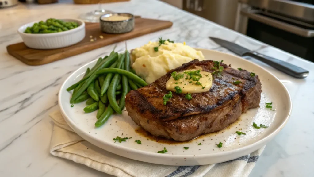 A juicy chuck eye steak topped with melted butter, served on a white plate with green beans and mashed potatoes.