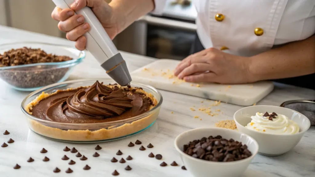 A chef piping smooth chocolate mousse into a dessert crust with bowls of chocolate chips, whipped cream, and crushed biscuits nearby.