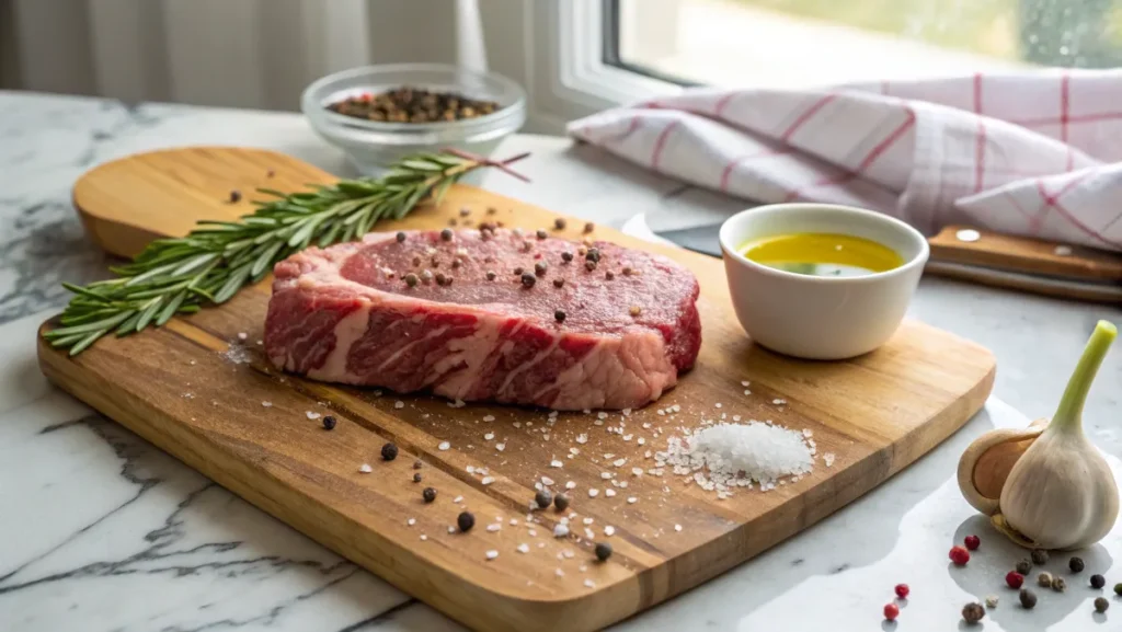 A raw chuck eye steak on a wooden cutting board, seasoned with coarse salt and pepper, surrounded by rosemary and garlic.