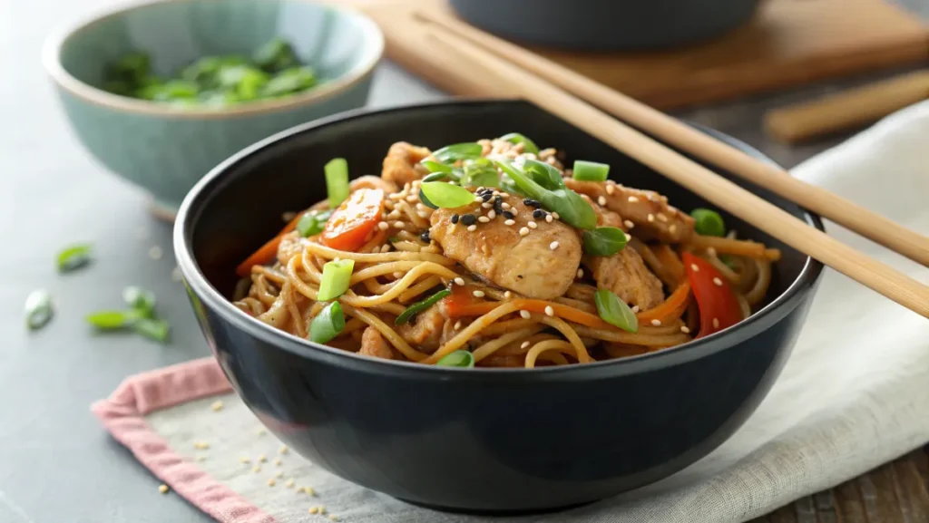 A single serving of Chicken Lo Mein in a black bowl, garnished with sesame seeds and green onions, with chopsticks resting on the side. Caption: A beautifully plated bowl of Chicken Lo Mein, featuring tender chicken, colorful vegetables, and perfectly sauced noodles—ready to be enjoyed!