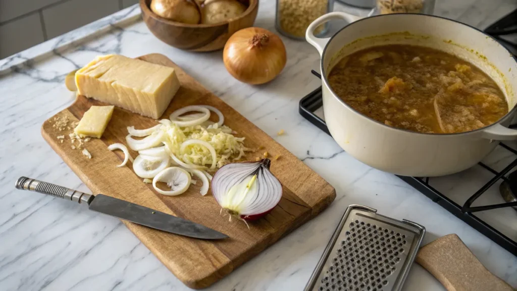 Sliced onions, grated cheese, and a simmering pot of broth on a marble countertop, ready for making French onion soup.