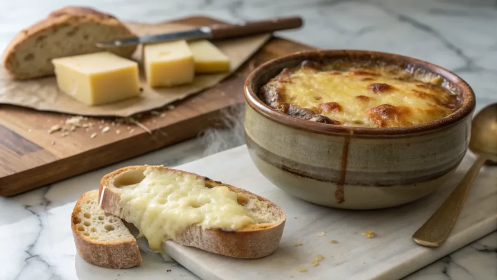 A bowl of French onion soup topped with melted cheese, served with slices of cheesy bread on a marble countertop.