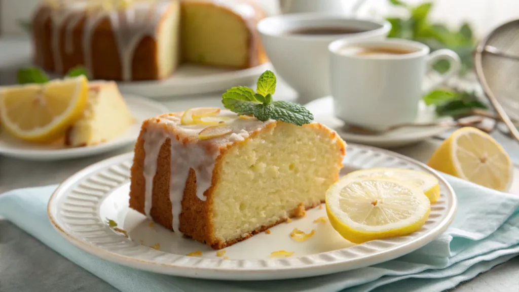 A slice of Southern Lemon Pound Cake with a lemon glaze, garnished with fresh mint and lemon slices.