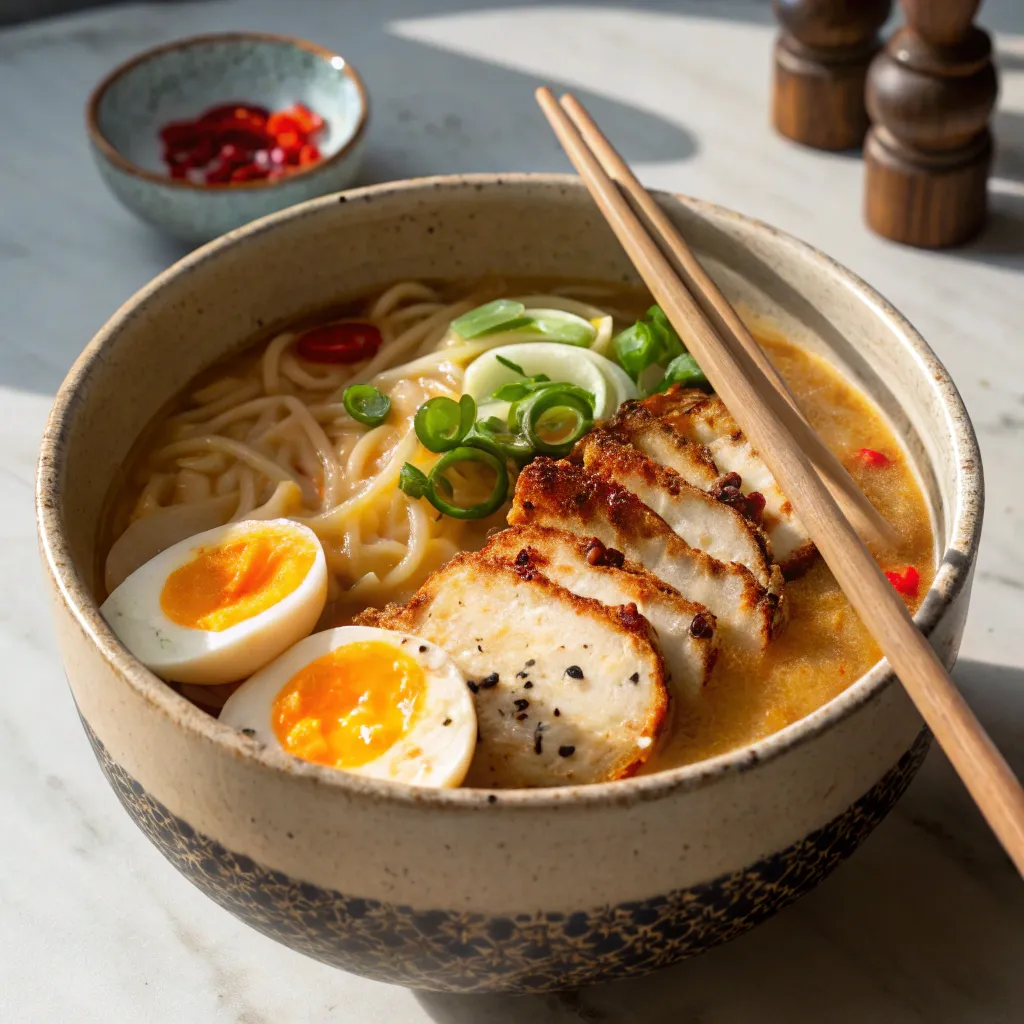 A beautifully presented bowl of Fiery Chicken Garlic Ramen with grilled chicken, soft-boiled eggs, fresh scallions, and creamy broth.