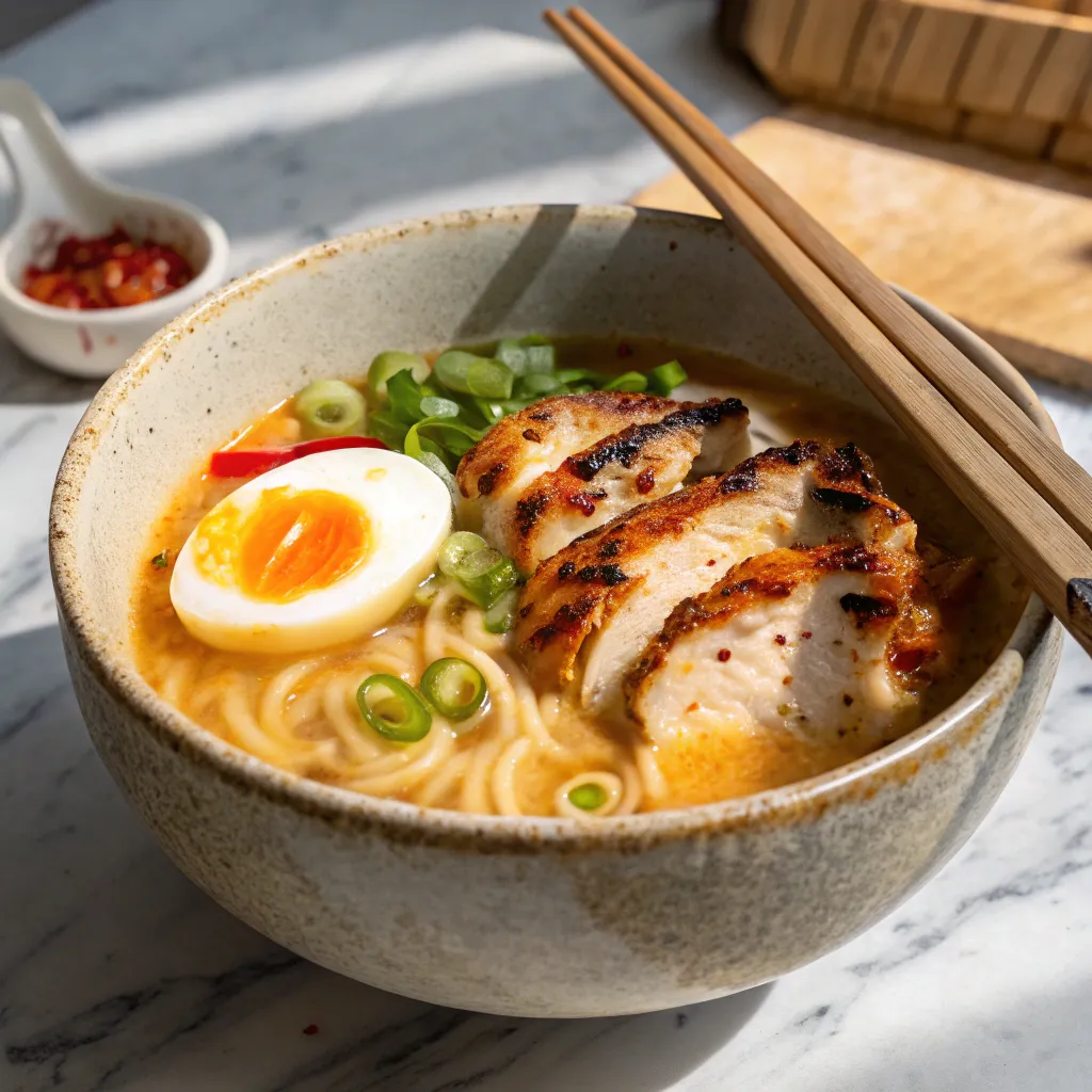 A beautifully presented bowl of Fiery Chicken Garlic Ramen with grilled chicken, soft-boiled eggs, fresh scallions, and creamy broth.