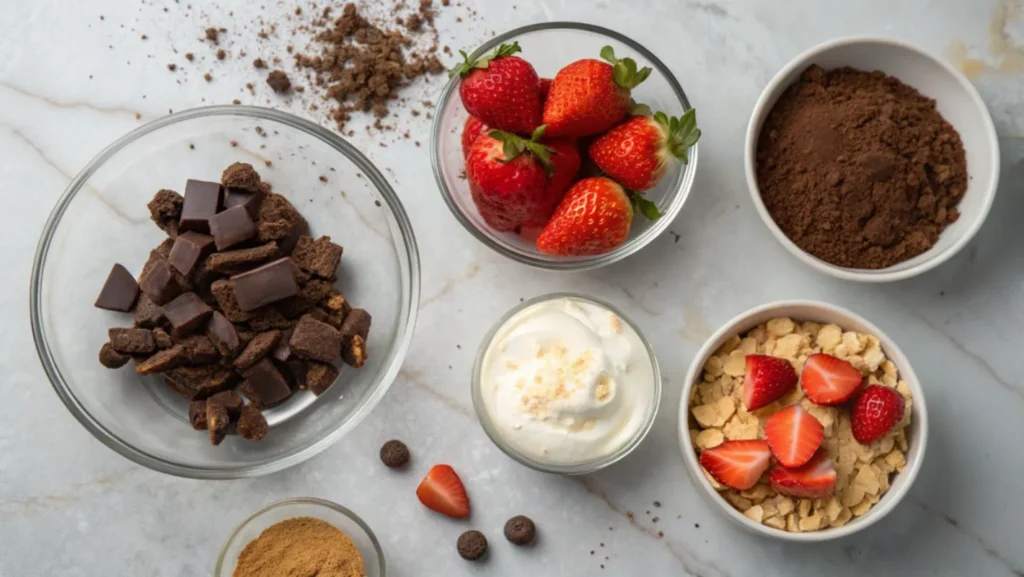 A selection of ingredients for Layered Chocolate Delight, including chocolate chunks, fresh strawberries, cocoa powder, whipped cream, crushed biscuits, and brown sugar, arranged in glass and ceramic bowls on a marble surface.