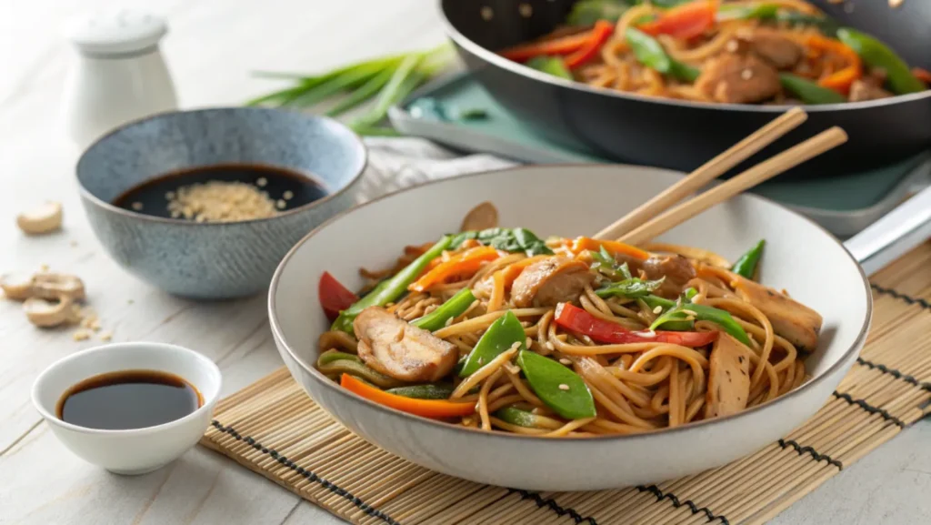 A beautifully plated bowl of Chicken Lo Mein with colorful vegetables and tender chicken, served with chopsticks on a bamboo mat.