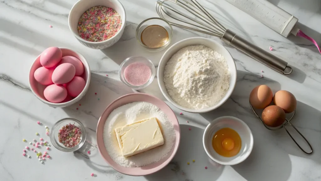 A flat-lay of pink donut ingredients, including flour, eggs, butter, sugar, vanilla, and sprinkles, on a marble countertop.