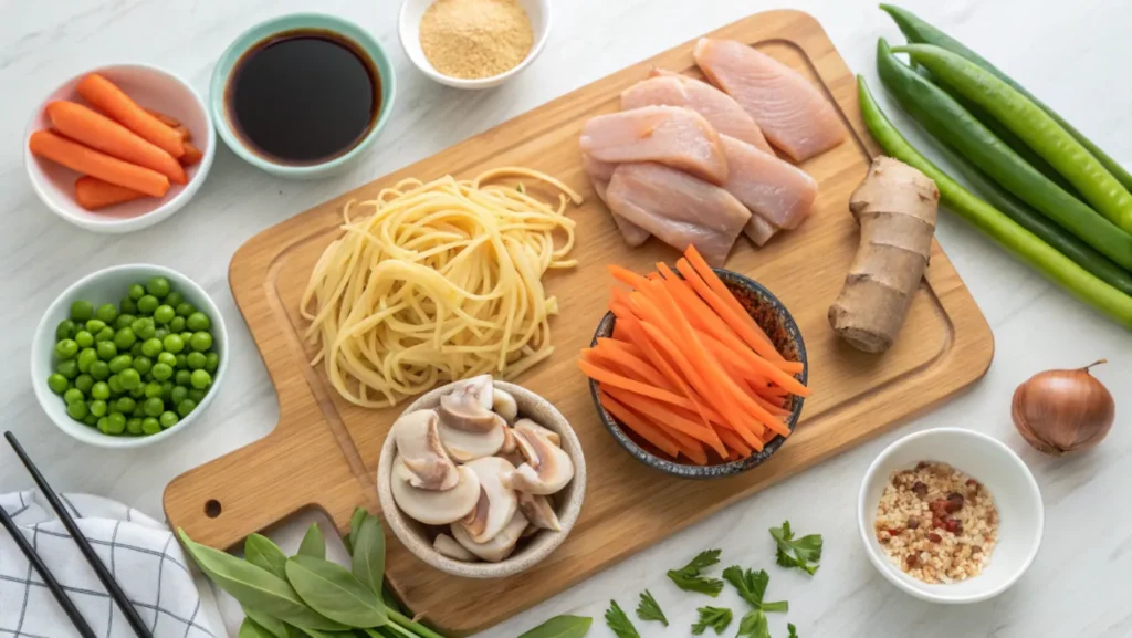 A top-down view of fresh ingredients for Chicken Lo Mein, including noodles, chicken, carrots, mushrooms, peas, ginger, and seasonings on a wooden cutting board.