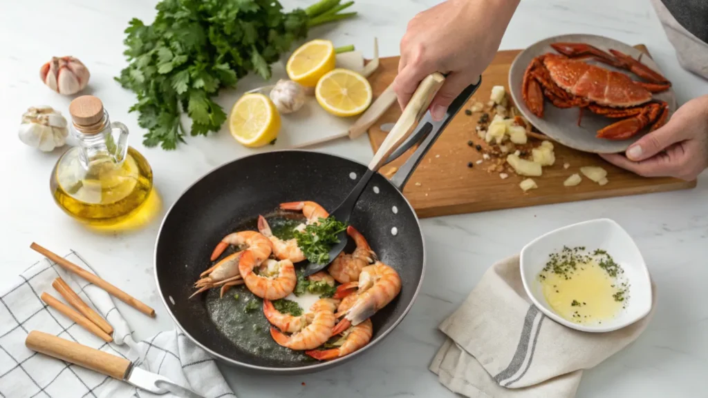 A kitchen scene showing shrimp being sautéed in a pan with garlic and herbs, fresh crab, and other ingredients in the background.