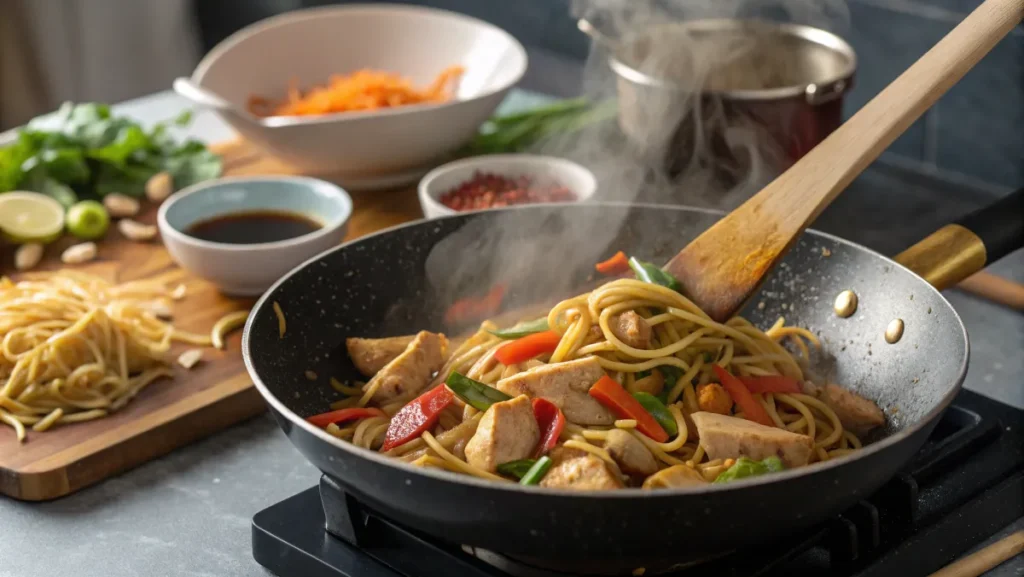 A steaming wok filled with chicken lo mein, featuring noodles, chicken pieces, and colorful vegetables being stirred with a wooden spatula.Caption: Freshly cooked chicken lo mein stir-fry, loaded with vegetables and tossed in a savory sauce, being prepared in a wok.