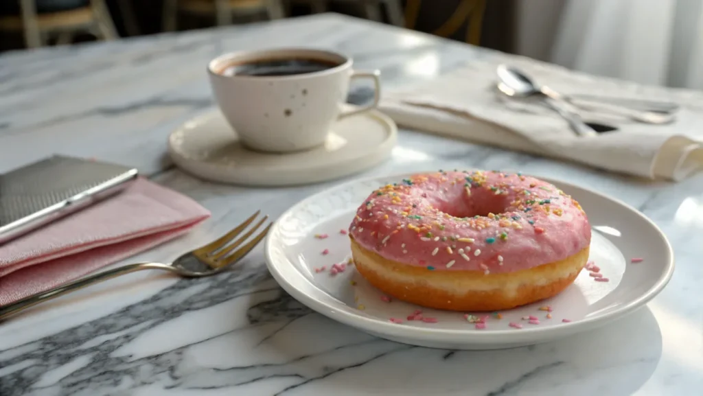 A pink glazed donut with colorful sprinkles served on a white plate, accompanied by a cup of coffee on a marble table.