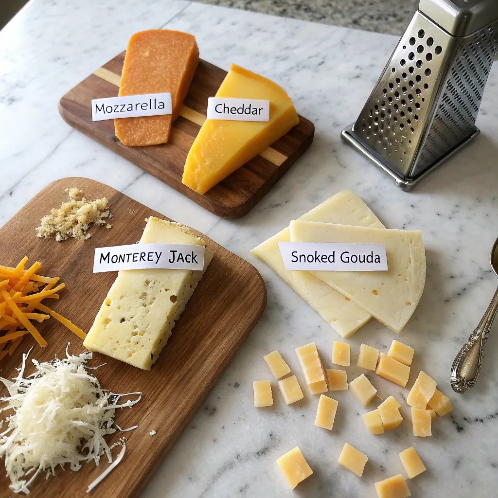 A selection of cheeses, including mozzarella, cheddar, Monterey Jack, and smoked gouda, arranged on wooden boards with labels.