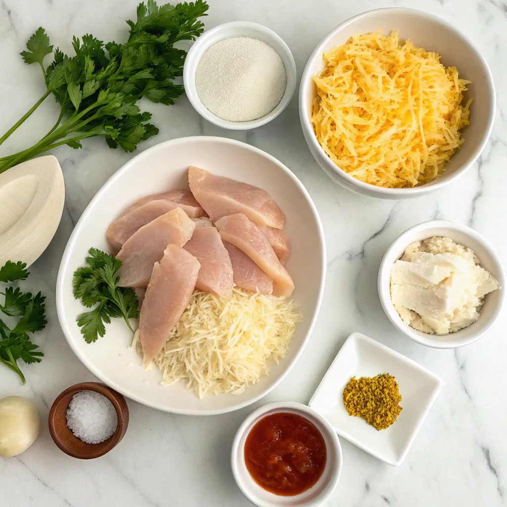 Fresh ingredients for Crack Chicken Tenders, including raw chicken, shredded cheeses, parsley, and spices arranged on a marble countertop.