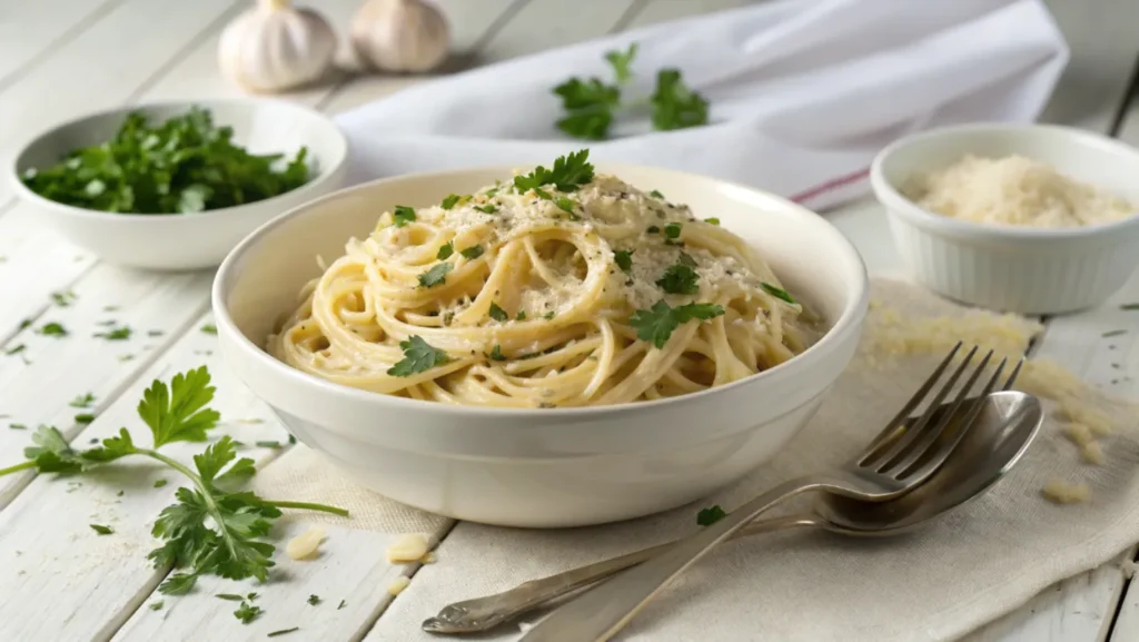 A bowl of Parmesan Garlic Noodles garnished with fresh parsley and grated cheese, served on a white wooden table.
