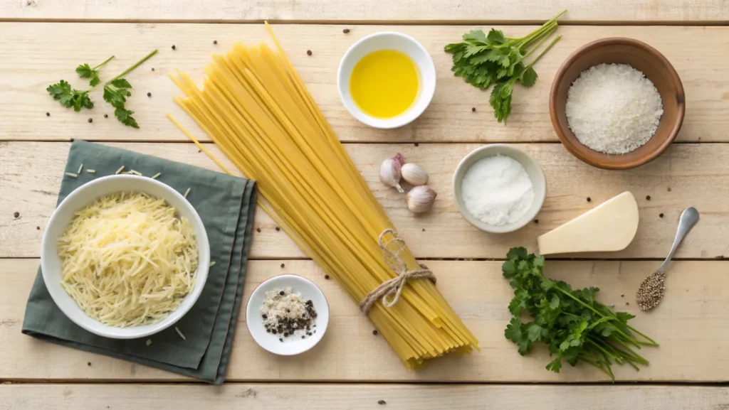 A top-down view of Parmesan Garlic Noodles ingredients, including spaghetti, Parmesan, garlic, olive oil, and fresh parsley.