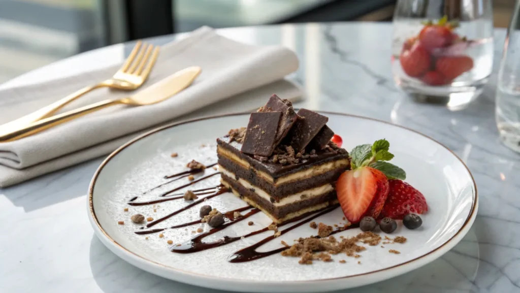 A sophisticated serving of Layered Chocolate Delight on a white plate, garnished with chocolate chunks, fresh strawberries, mint leaves, and a drizzle of chocolate sauce.