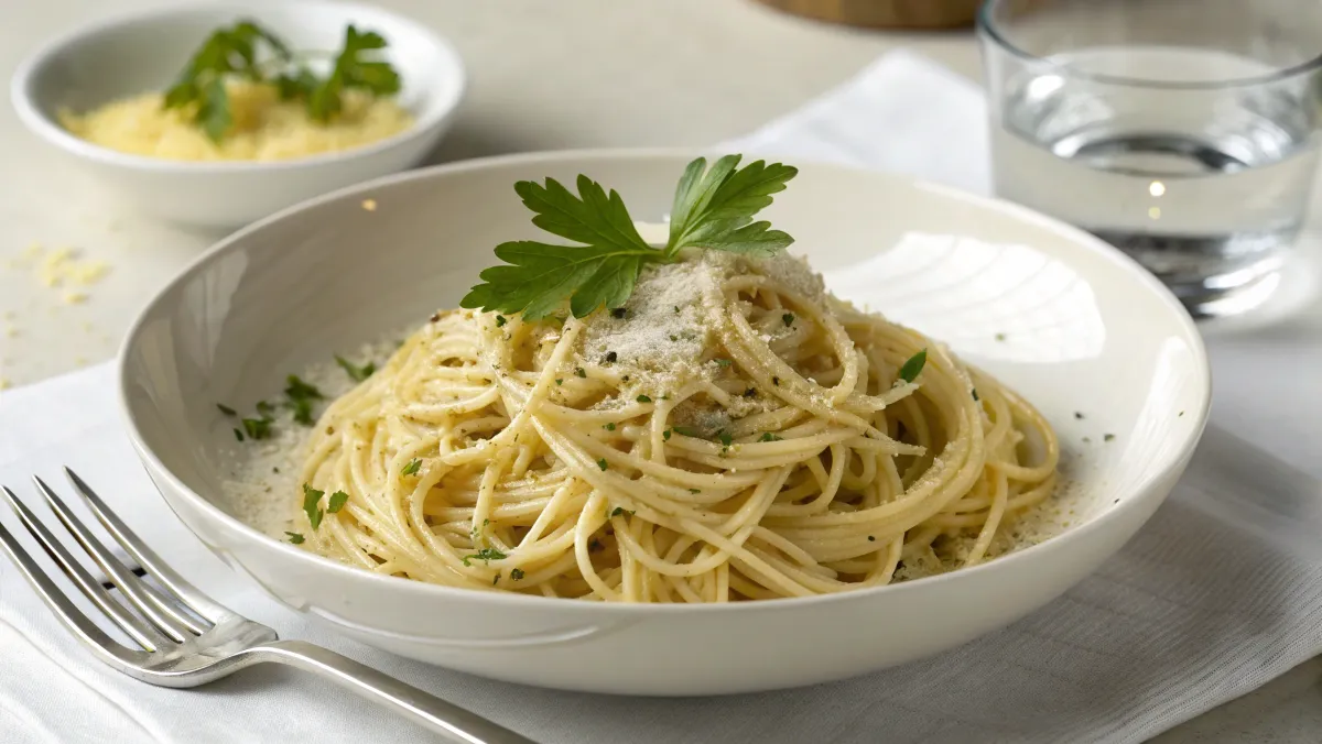 A close-up of an individual serving of Parmesan Garlic Noodles in a white bowl, garnished with parsley and grated cheese.