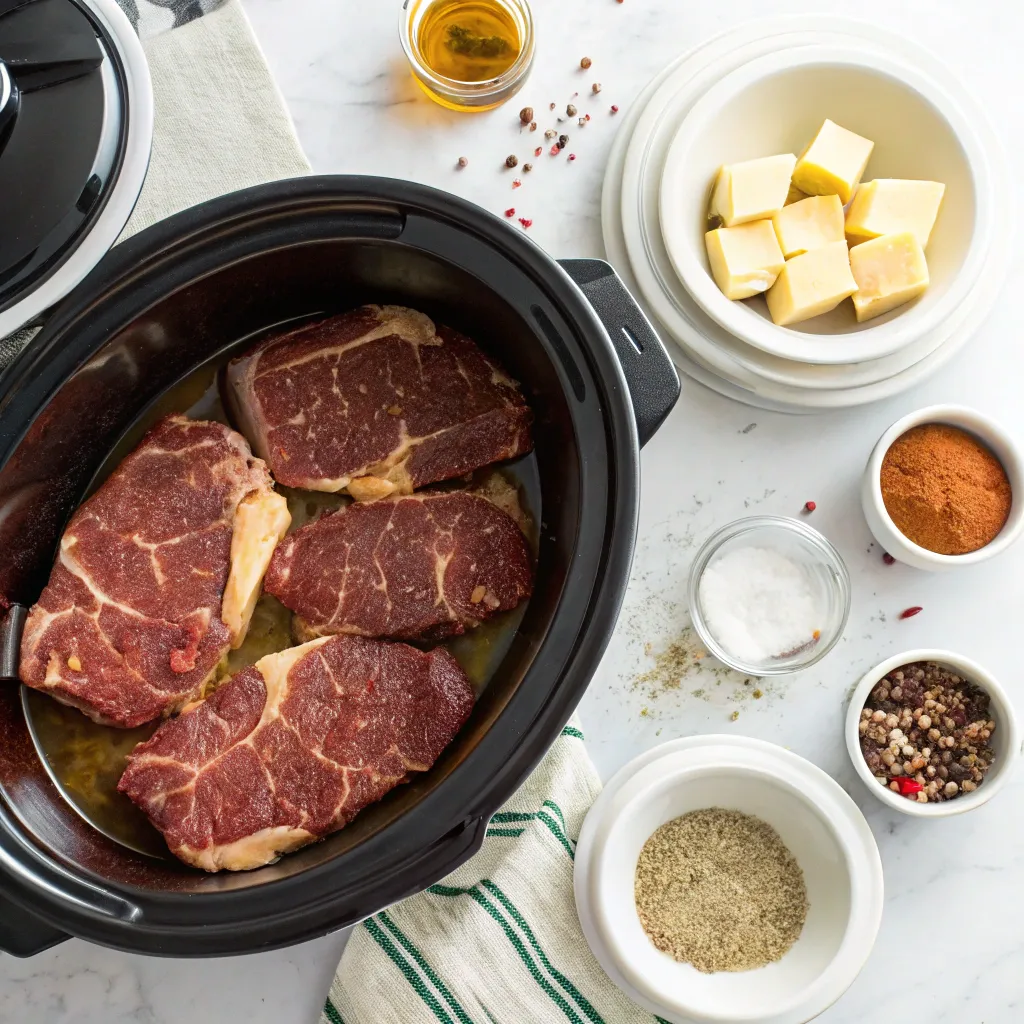 Overhead shot of raw Mississippi ribeye steaks in a slow cooker, with butter, seasonings, and olive oil on the counter for prep.