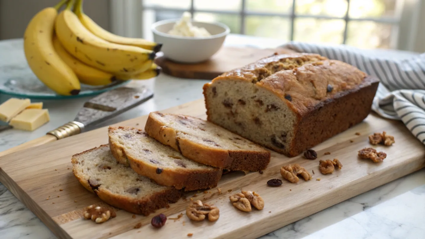 A slice of banana bread with butter on a plate, garnished with walnuts and raisins, with the loaf in the background.