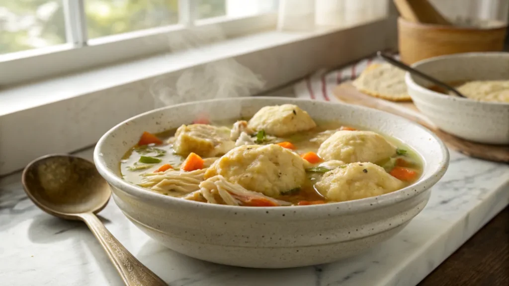 A bowl of steaming chicken and dumplings served with carrots and broth on a marble countertop.