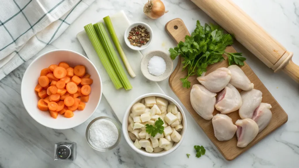 A flat lay of fresh ingredients for chicken and dumplings, including carrots, celery, parsley, chicken, and seasonings.