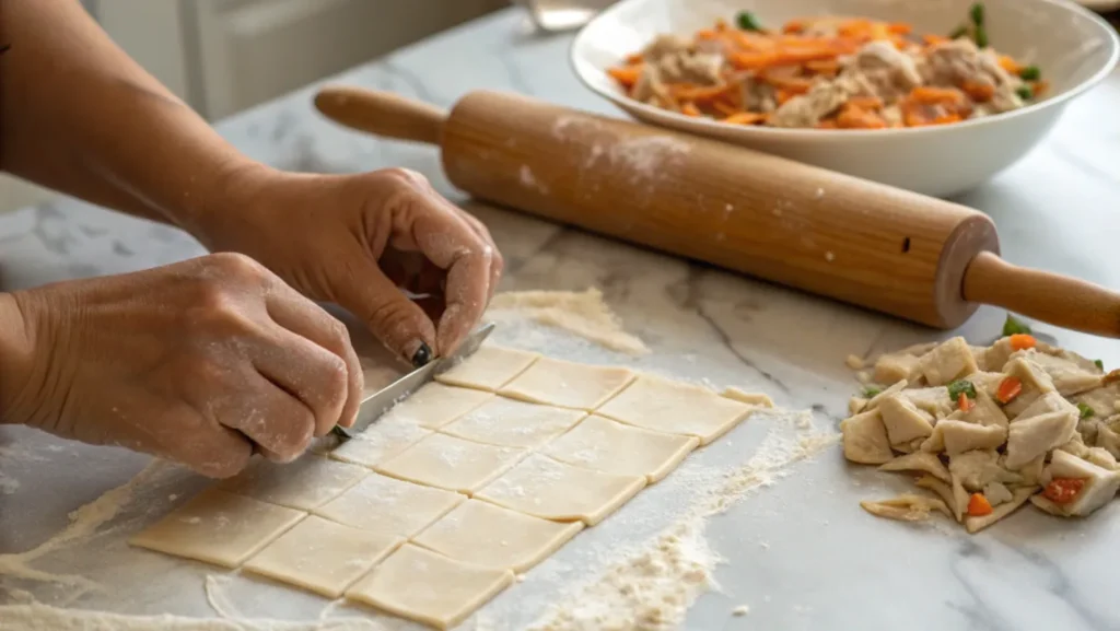 Close-up of hands shaping dumpling dough into squares on a floured marble surface with a rolling pin nearby.