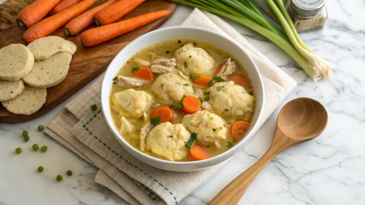 A bowl of chicken and dumplings with tender chicken, fluffy dumplings, and carrots, served on a marble countertop with fresh vegetables