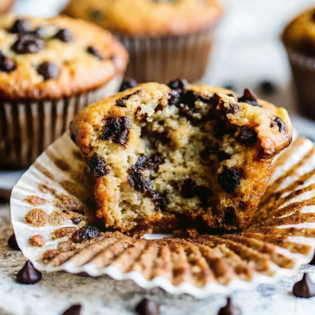 A close-up of a banana chocolate chip muffin with a bite taken out, showcasing the moist interior and rich chocolate chips.