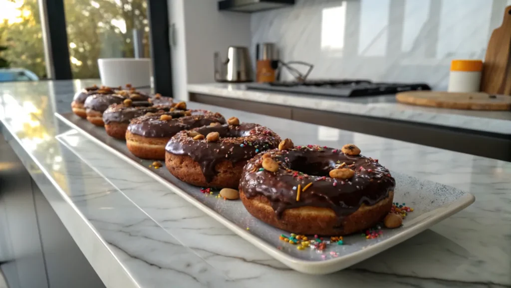 A row of chocolate glazed donuts garnished with peanuts and sprinkles, served on a white plate on a marble countertop.