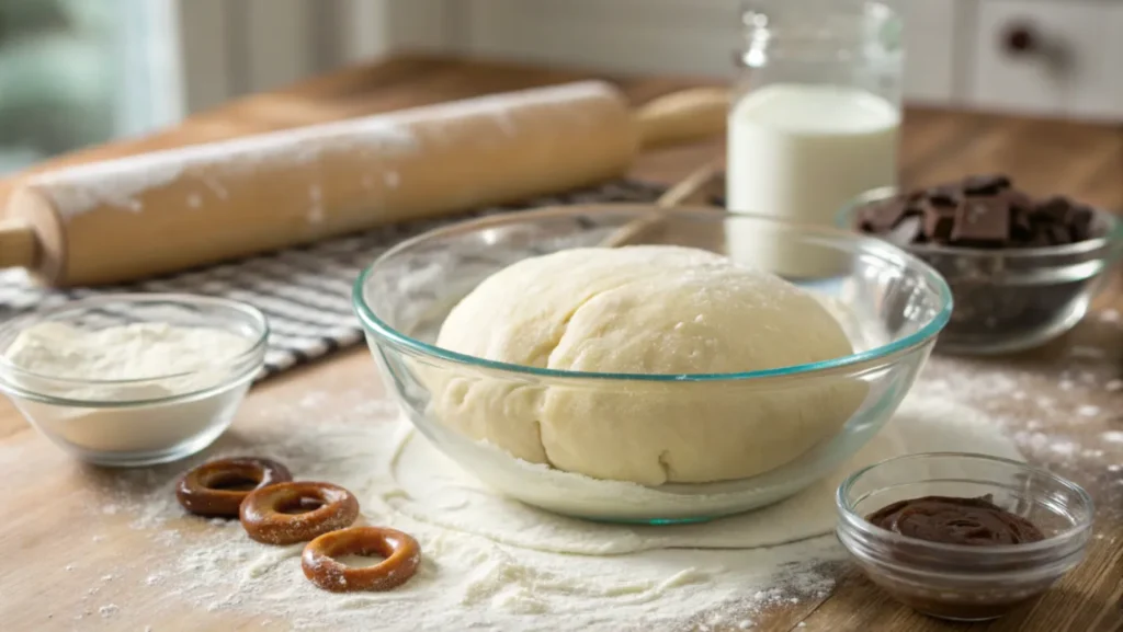 A glass bowl of freshly prepared donut dough on a floured wooden countertop with chocolate, milk, and baking tools in the background.
