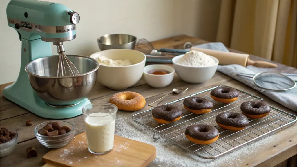 A cozy kitchen setup with a stand mixer, bowls of ingredients, and chocolate donuts cooling on a wire rack.