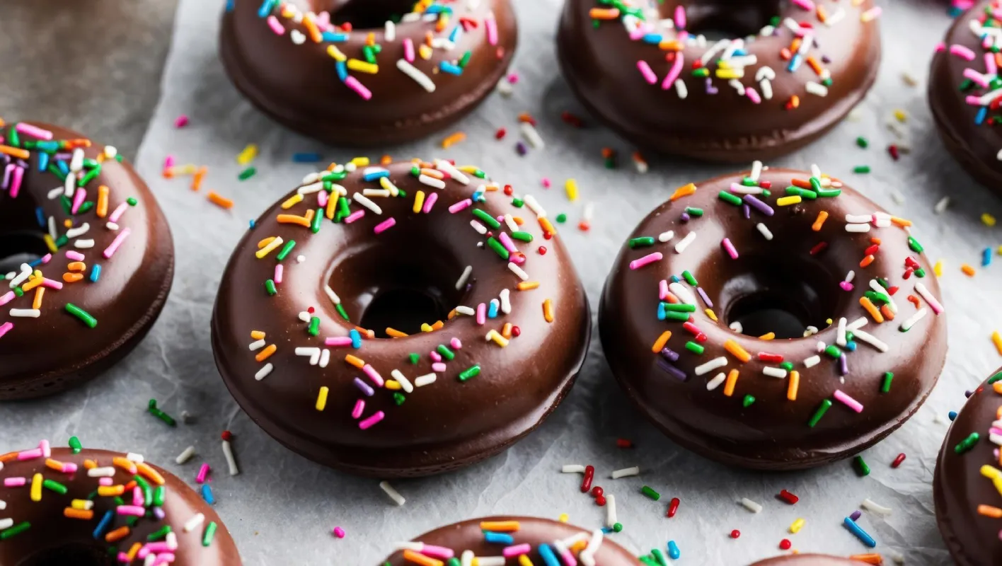 A batch of chocolate glazed donuts topped with colorful sprinkles on a parchment-lined surface.