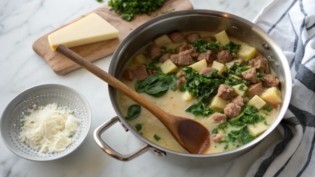 A pot of creamy Parmesan Italian sausage soup simmering with sausage, potatoes, spinach, and fresh parsley, ready to serve.